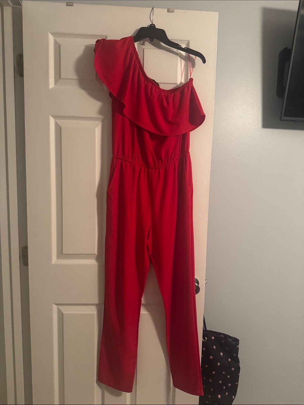 Red One-Shoulder Ruffle Jumpsuit